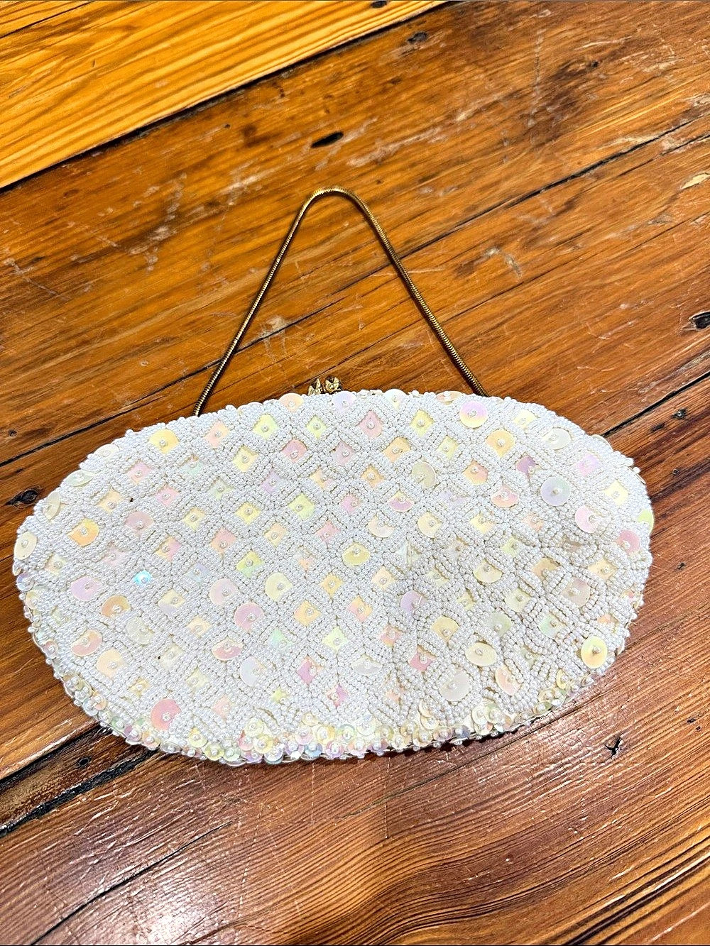 Hong Kong Beaded Frame Clutch in White & Pink